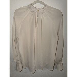 LOFT Petites Ruffle Mock Neck Blouse Size MP Cream White Smocked Cuff Long Slv